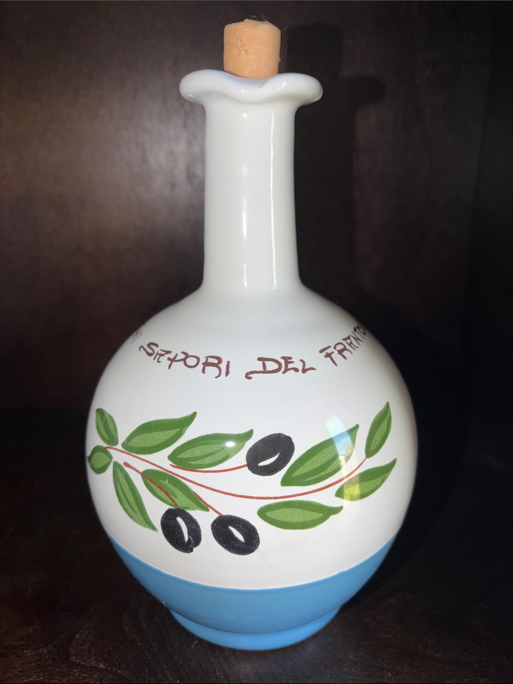 White Ceramic Olive Oil Bottle with Blue Base - Decorative Serveware